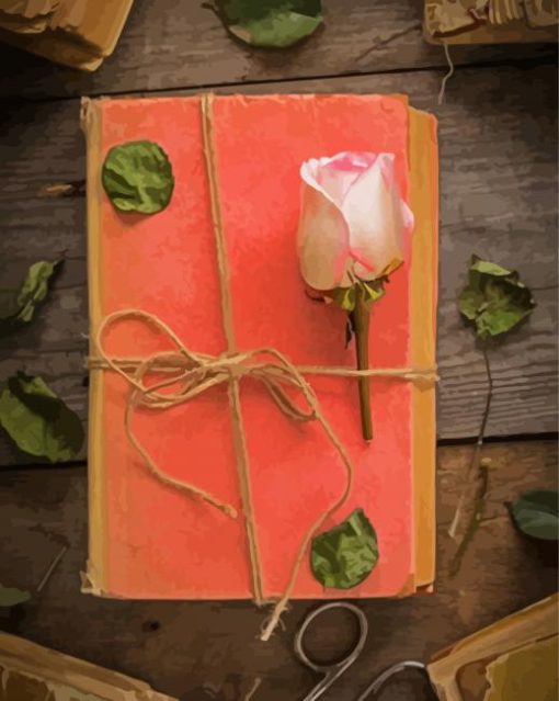 Pink Rose On Old Book paint by number