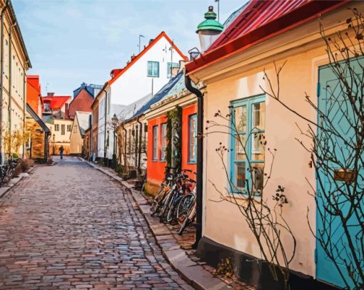 Cobblestone Street In Lund Sweden paint by number