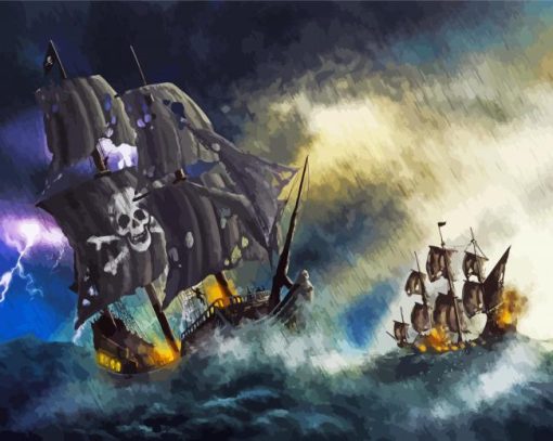 Fantasy Pirate Ships In Battle Under Rain paint by number