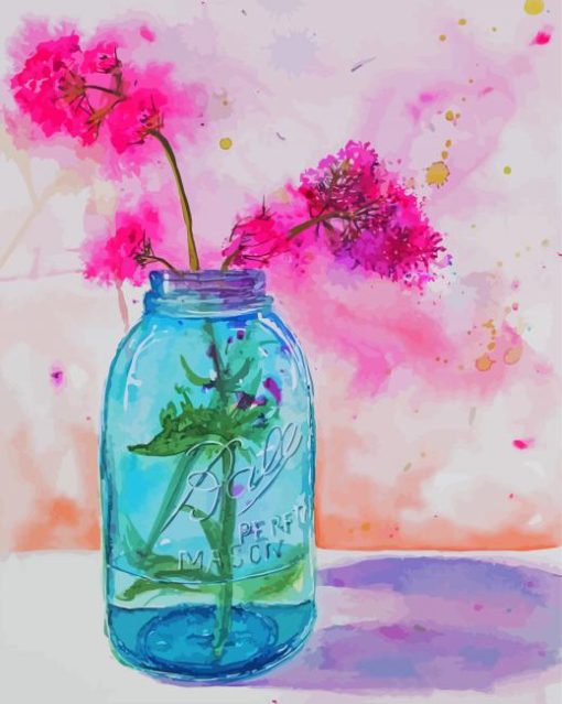 Pink Flowers In Blue Mason Jar Art paint by number