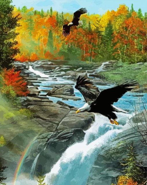Eagle Over Waterfall paint by number