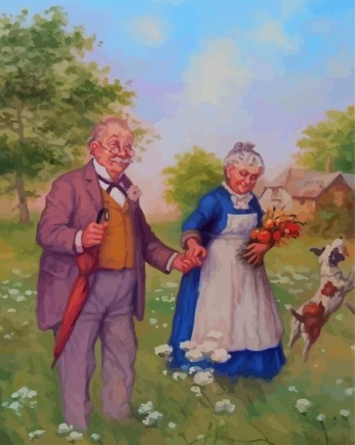 Old Couple Picking Flowers In Field paint by number