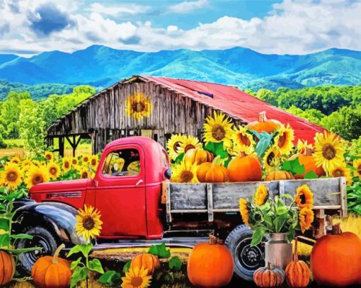 Sunflower And Farm Truck paint by number