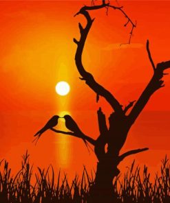 Sunset Tree With Birds Silhouette paint by number