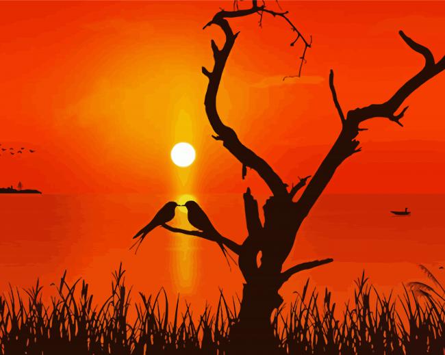 Sunset Tree With Birds Silhouette paint by number