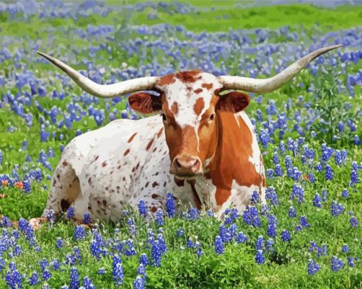 Aesthetic Bluebonnet And Longhorn paint by number