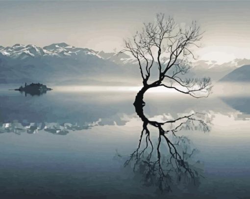 Black And White Tree In Lake paint by number