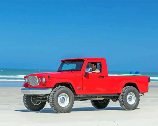 Red Truck On The Beach paint by number