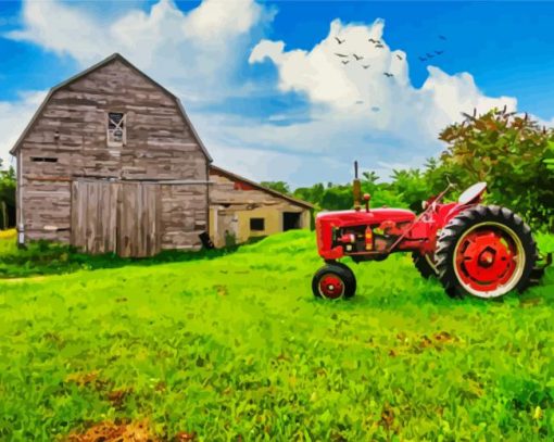 Aesthetic Old Tractor And Barn paint by number