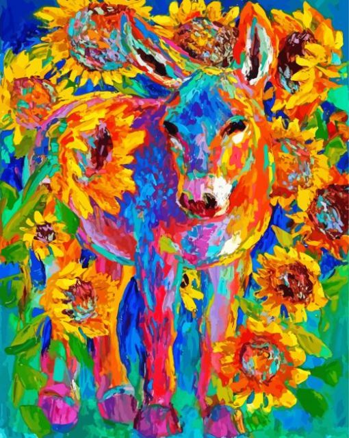 Colorful Donkey And Sunflowers paint by number