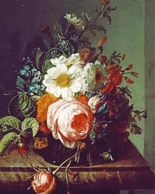 Roses Convolvulus Poppies And Other Flowers In An Urn By Rachel Ruysch paint by number