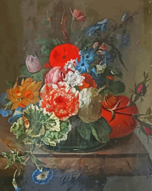 Flowers In A Glass Vase On A Marble Ledge By Rachel Ruysch paint by number