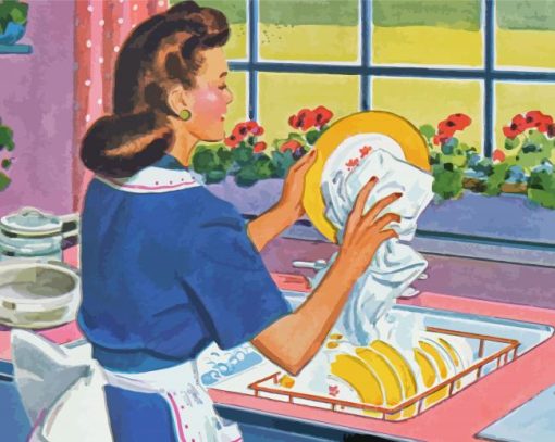 Retro Woman Doing The Dishes paint by number
