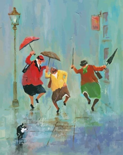 Three Old Ladies With Umbrellas Art paint by number