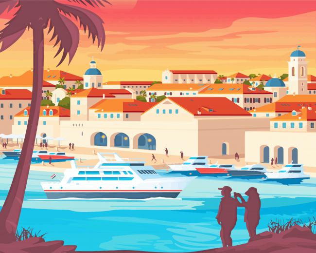 Vintage Beach Town Illustration paint by number