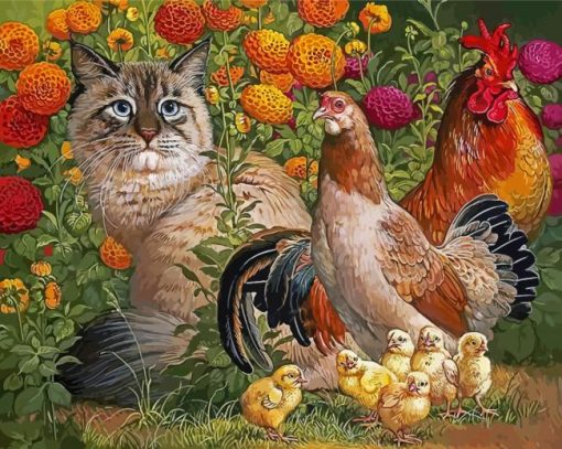 Cat And Chickens paint by number
