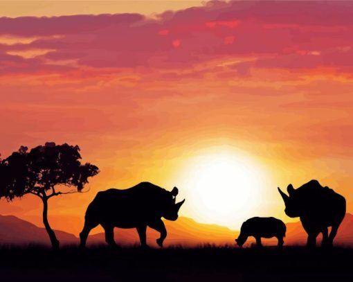 Family Rhino Sunset paint by number