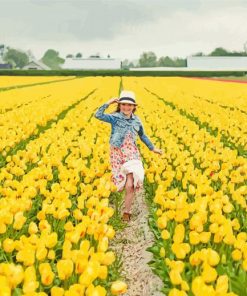 Girl Running Through Yellow Flowers Field paint by number
