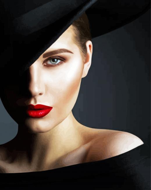 Gorgeous Lady In Black Hat With Bright Lipstick paint by number