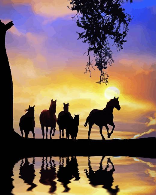 Horse Herd In Water Sunset paint by number