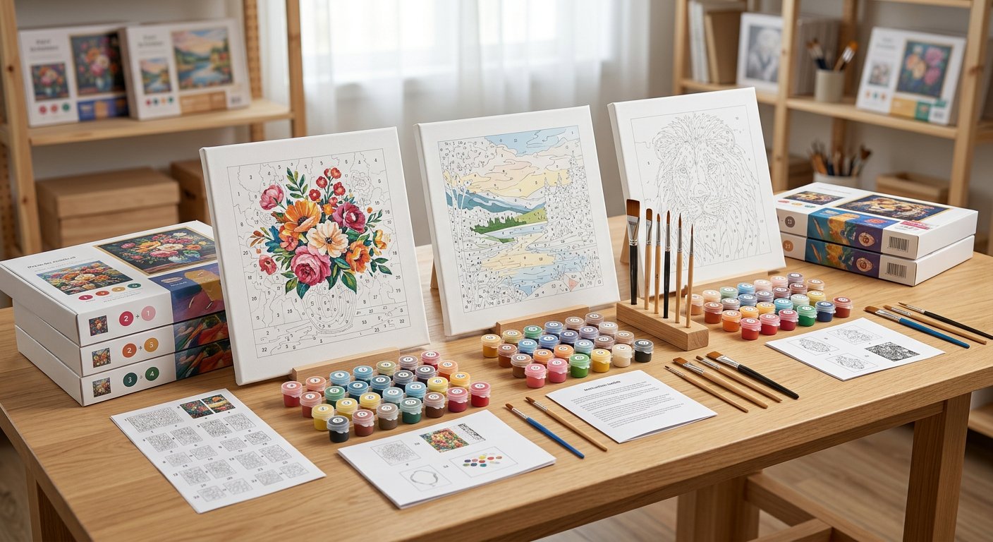 Premium wholesale paint by numbers kits displayed on a wooden studio table with pre-printed numbered canvases, acrylic paint pots, brushes, and custom retail packaging boxes.